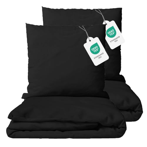 Class Home Collection Bettwäsche 155x220 Baumwolle 4 teilig Renforce Bettwäsche-Set mit Reißverschluss Uni Schwarz von Class Home Collection