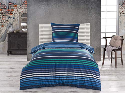 Class Home Collection Bettwäsche 155x220 Baumwolle – Ganzjahres Bettwäsche-Sets, weich & atmungsaktiv, Bettbezug und Kissenbezug 80x80 cm mit Reißverschluss Marley Blau von Class Home Collection