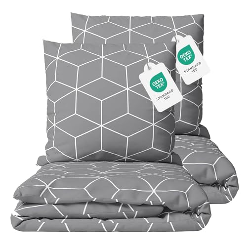 Class Home Collection Bettwäsche 155x220 cm - 4-teiliges Renforce Bettwäsche-Set aus Baumwolle mit Reißverschluss, Cube Design in Grau, für Einzel- und Doppelbetten von Class Home Collection