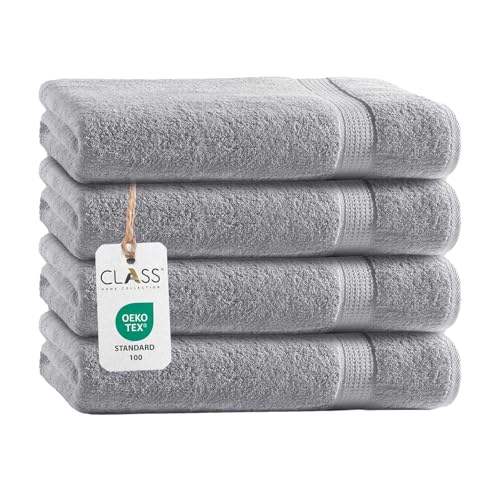 Class Home Collection Frottee Duschtücher 70x140 cm – 4er Set Duschtuch – Besonders weiche & saugfähige Duschtücher aus 100% Baumwolle mit Aufhänger – Silber von Class Home Collection
