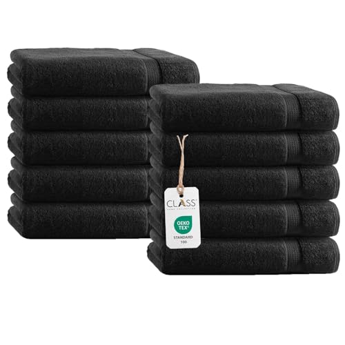 Class Home Collection Frottee Handtücher 50x100 cm – 10er Set Handtuch – Besonders weiche & saugfähige Handtücher aus 100% Baumwolle mit Aufhänger – Schwarz von Class Home Collection