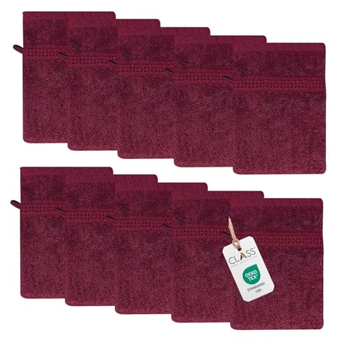 Class Home Collection Frottee Waschhandschuhe 16x21 cm – 10er Set Waschhandschuh – Besonders weiche & saugfähige Waschlappen aus 100% Baumwolle mit Aufhänger – Bordeaux von Class Home Collection