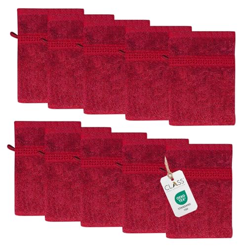 Class Home Collection Frottee Waschhandschuhe 16x21 cm – 10er Set Waschhandschuh – Besonders weiche & saugfähige Waschlappen aus 100% Baumwolle mit Aufhänger – Rot von Class Home Collection