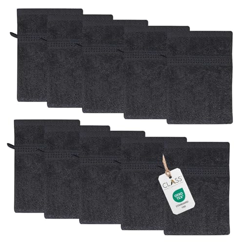 Class Home Collection Frottee Waschhandschuhe 16x21 cm – 10er Set Waschhandschuh – Besonders weiche & saugfähige Waschlappen aus 100% Baumwolle mit Aufhänger – Schwarz Class Home Collection Frottee Waschhandschuhe 16x21 cm – 10er Set Waschhandschuh – Besonders weiche & saugfähige Waschlappen aus 100% Baumwolle mit Aufhänger – Schwarz von Class Home Collection
