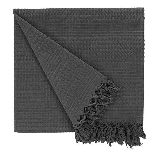 Class Home Collection Tagesdecke 220x240 cm in Waffeloptik – Extra großer Bettüberwurf, Sofa Überwurf aus 100% Baumwolle mit Fransen, Wolldecke für Sofa, Sessel & Bett im Schlafzimmer Anthrazit von Class Home Collection