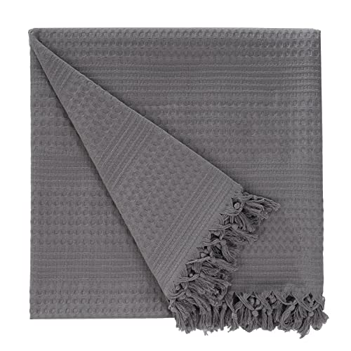 Class Home Collection Tagesdecke 220x240 cm in Waffeloptik – Extra großer Bettüberwurf, Sofa Überwurf aus 100% Baumwolle mit Fransen, Wolldecke für Sofa, Sessel & Bett im Schlafzimmer Grau von Class Home Collection