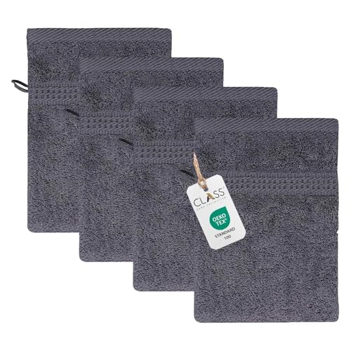 Class Home Collection Frottee Waschhandschuhe 16x21 cm – 4er Set Waschhandschuh – Besonders weiche & saugfähige Waschlappen aus 100% Baumwolle mit Aufhänger – Anthrazit von Class Home Collection