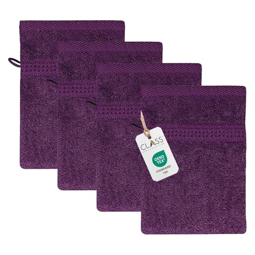Class Home Collection Frottee Waschhandschuhe 16x21 cm – 4er Set Waschhandschuh – Besonders weiche & saugfähige Waschlappen aus 100% Baumwolle mit Aufhänger – Aubergine von Class Home Collection