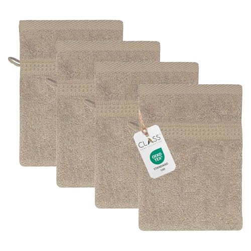 Class Home Collection Frottee Waschhandschuhe 16x21 cm – 4er-Pack Waschlappen Set aus 100 % Baumwolle, besonders weich und saugfähig, mit Aufhänger, in Beige von Class Home Collection