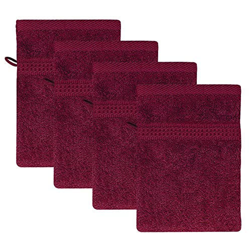 Class Home Collection Frottee Waschhandschuhe 16x21 cm – 4er-Pack Waschlappen Set aus 100 % Baumwolle, besonders weich und saugfähig, mit Aufhänger, in Bordeaux von Class Home Collection