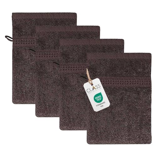 Class Home Collection Frottee Waschhandschuhe 16x21 cm – 4er Set Waschhandschuh – Besonders weiche & saugfähige Waschlappen aus 100% Baumwolle mit Aufhänger – Braun von Class Home Collection