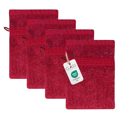 Class Home Collection Frottee Waschhandschuhe 16x21 cm – 4er-Pack Waschlappen Set aus 100 % Baumwolle, besonders weich und saugfähig, mit Aufhänger, in Rot von Class Home Collection