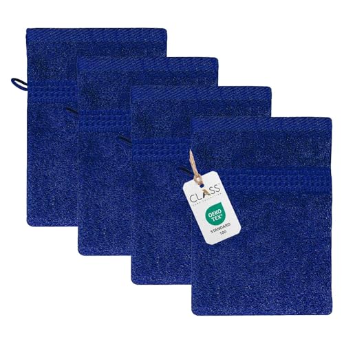 Class Home Collection Frottee Waschhandschuhe 16x21 cm – 4er Set Waschhandschuh – Besonders weiche & saugfähige Waschlappen aus 100% Baumwolle mit Aufhänger – Royalblau von Class Home Collection