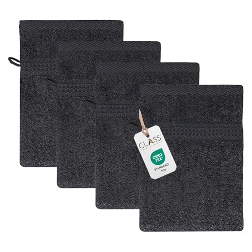 Class Home Collection Frottee Waschhandschuhe 16x21 cm – 4er-Pack Waschlappen Set aus 100 % Baumwolle, besonders weich und saugfähig, mit Aufhänger, in Schwarz von Class Home Collection