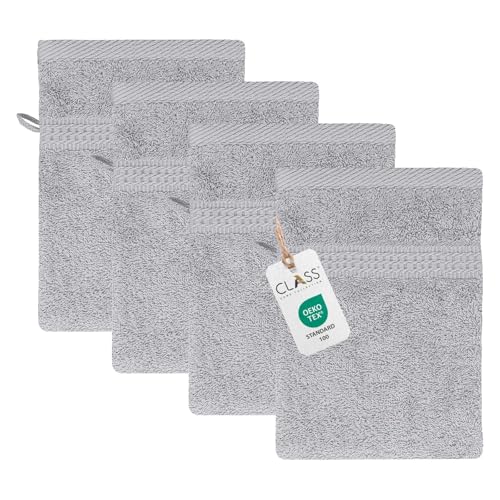 Class Home Collection Frottee Waschhandschuhe 16x21 cm – 4er Set Waschhandschuh – Besonders weiche & saugfähige Waschlappen aus 100% Baumwolle mit Aufhänger – Silber von Class Home Collection