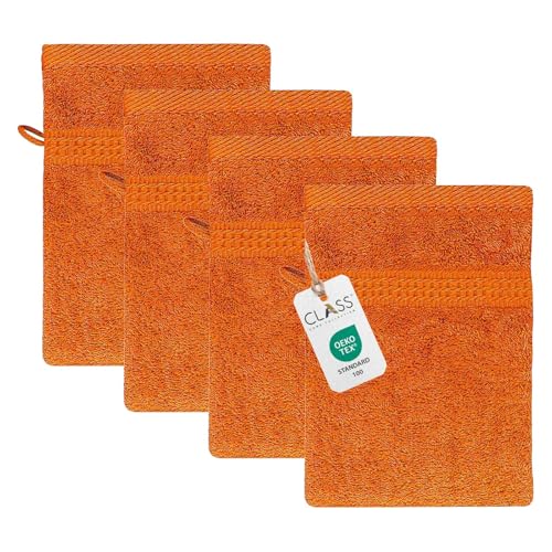 Class Home Collection Frottee Waschhandschuhe 16x21 cm – 4er Set Waschhandschuh – Besonders weiche & saugfähige Waschlappen aus 100% Baumwolle mit Aufhänger – Terra von Class Home Collection