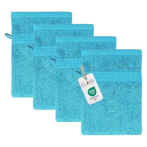 Class Home Collection Frottee Waschhandschuhe 16x21 cm – 4er-Pack Waschlappen Set aus 100 % Baumwolle, besonders weich und saugfähig, mit Aufhänger, in Türkis von Class Home Collection