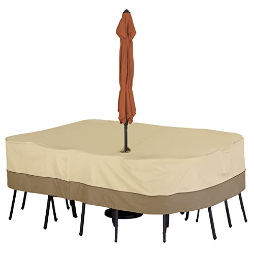 Classic Accessories Veranda-Abdeckung für rechteckige/ovale Gartentisch- und Stuhlgarnitur mit Sonnenschirmöffnung, mittelgroß (M) Beige 228.6 x 152.4 x 60.96 cm von Classic Accessories