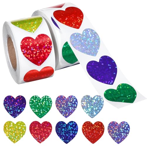 Classicseali 2 Rollen Herz Sticker Aufkleber,1000 Stück Glitzer Belohnungssticker für Kinder,2.5 cm Selbstklebende Shining Sticker Herz Aufkleber für Umschläge, Hochzeit, Lehrer, Kinder, Scrapbooking Classicseali 2 Rollen Herz Sticker Aufkleber,1000 Stück Glitzer Belohnungssticker für Kinder,2.5 cm Selbstklebende Shining Sticker Herz Aufkleber für Umschläge, Hochzeit, Lehrer, Kinder, Scrapbooking von Classicseali