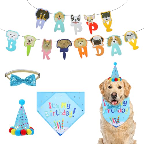 Classicseali 4 Stück Hundegeburtstag, Verstellbarer Hundepartyhut, Niedlicher Geburtstagshut für Hunde, Ausgestattet mit einem Dreieckstuch, Fliege und Buchstabenbanner von Classicseali