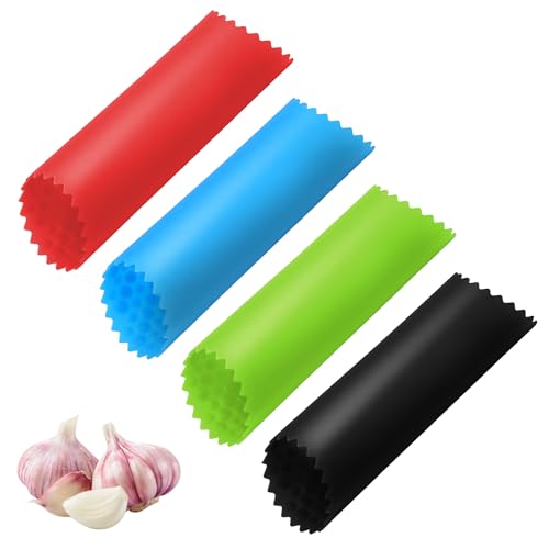 Classicseali 4 Stück Knoblauch Schäler,Knoblauchschäler Silikon,Garlic Peeler,Easy Knoblauchrolle für Knoblauchpresse,Gemüseschäler Küchenwerkzeuge(Rot,Schwarz,Grün,Blau) von Classicseali