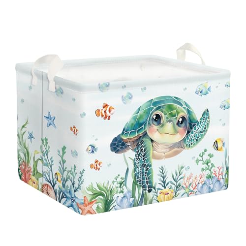 Clastyle 36L Groß Meer Schildkröte Fisch Seegras Grün Aufbewahrungskorb mit Henkel Rechteckig Spielzeug Kleidung Aufbewahrungsbox für Kinderzimmer Bad von Clastyle