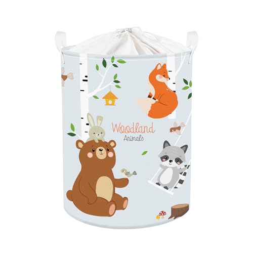 Clastyle 45L Birkenwald Tiere Füchse Bär Waschbär Kinder Wäschekorb Blau Reh Rund Kleidung Spielzeug Aufbewahrungskorb für Kinderzimmer, 36x45 cm von Clastyle