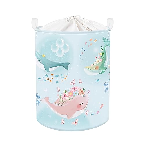 Clastyle 45L Blau Floral Ozean Wal Schmetterling Mädchen Wäschekorb Blume Rund Spielzeug Kleidung Aufbewahrungskorb für Babyzimmer, 36x45 cm von Clastyle