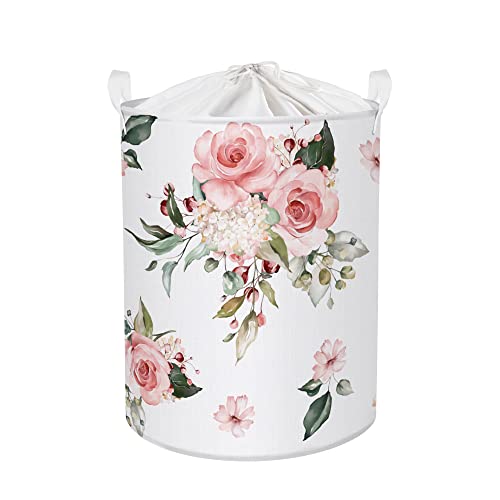 Clastyle 45L Aufbewahrungskorb Rosa Schönen Rosa Blumen Faltbar Wäschekorb Kinderzimmer Rund Weiß Schlafzimmer Wäschesammler, 36x45 cm von Clastyle