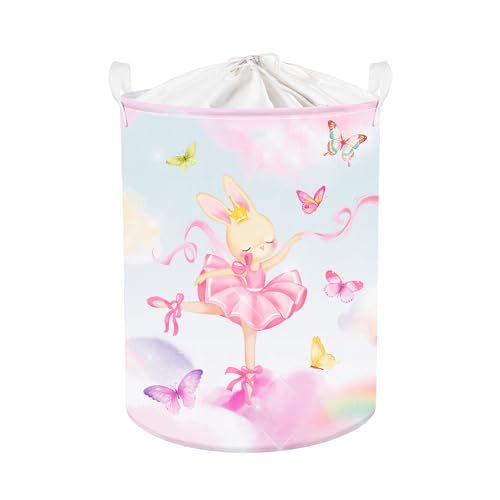 Clastyle 45L Fantasie Ballett-Häschen Wolken Kinder Wäschekorb für Mädchen Rosa Schmetterling Rund Kleidung Spielzeug Aufbewahrungskorb, 36x45 cm von Clastyle