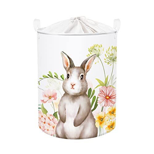 Clastyle 45L Frühling Hase Rosa Blumen Wäschekorb Niedlich Tier Rund Aufbewahrungskorb für Ostern Kleidung Spielzeug im Schlafzimmer, 36x45 cm von Clastyle