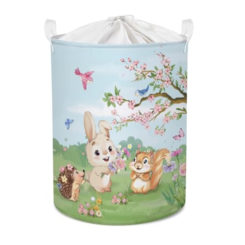 Clastyle 45L Frühling Kirschblüte Waldtiere Kinder Wäschekorb Bär Fuchs Kaninchen Eichhörnchen Spielzeug Korb Grüner Rund Kleidung Aufbewahrungskorb für Babyzimmer, 36x45 cm von Clastyle