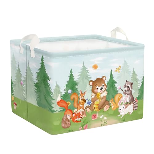 Clastyle 45L Frühling Zedernwald Waldtiere Würfel Aufbewahrungskorb Bär Fuchs Kaninchen Eichhörnchen Kinder Regalkörbe Grüner Kleidung Spielzeug Aufbewahrungsbox, 40x30x30 cm von Clastyle