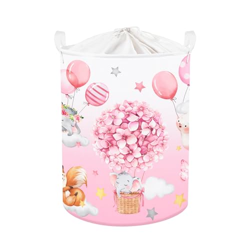 Clastyle 45L Heißluftballon Rosa Blume Kinder Wäschekorb für Mädchen Schlafender Elefant Bär Rund Spielzeug Kleidung Aufbewahrungskorb für Kinderzimmer, 36x45 cm von Clastyle