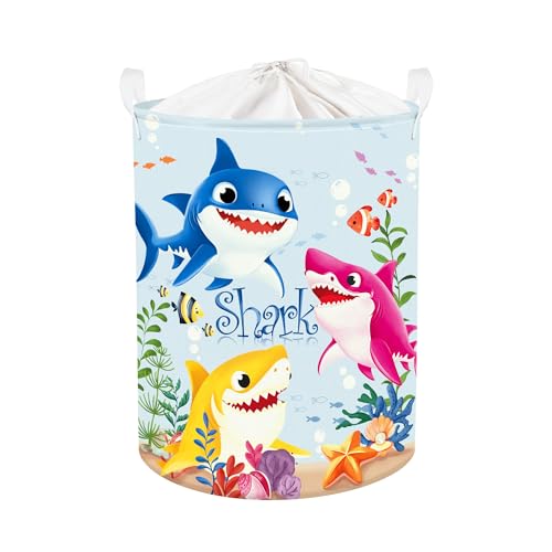 Clastyle 45L Karikatur Unterwasser Tiere Kinder Wäschekorb für Jungen Mädchen Haie Rund Blaue Spielzeug Kleidung Aufbewahrungskorb für Kinderzimmer, 36x45 cm von Clastyle