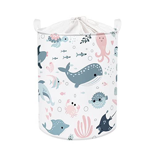 Clastyle 45L Meeres Tiere Seifenblasen Meerjungfrau Hai Rosa Blau Wäschekorb Weiß Delfine Quallen Spielzeug Aufbewahrungskorb für Schlafzimmer, 36x45 cm von Clastyle