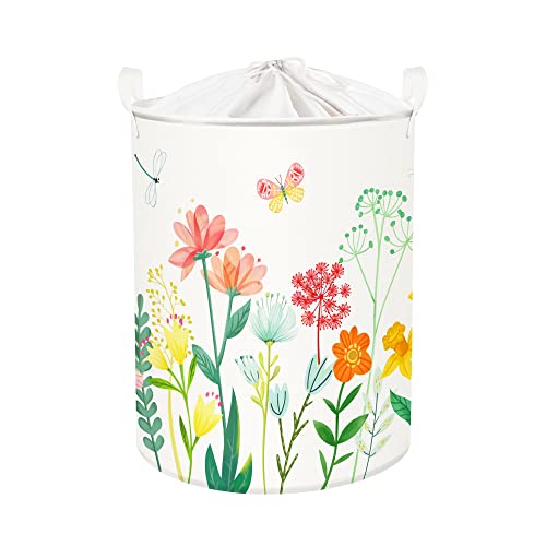 Clastyle 45L Mehrfarbig Blumen Blätter Frühling Wäschekorb Geschenke für Mama Schmetterling Rund Aufbewahrungskorb für Kleidung im Schlafzimmer, 36x45 cm von Clastyle