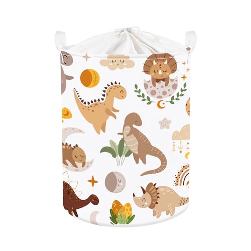 Clastyle 45L Niedlich Boho Dinosaurier Kinder Wäschekorb für Jungen Mädchen Tropisches Palmblatt Rund Braun Spielzeug Kleidung Aufbewahrungskorb für Kinderzimmer, 36x45 cm von Clastyle