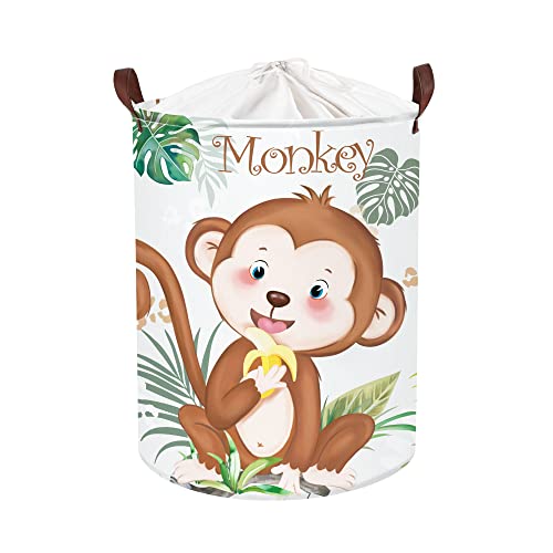 Clastyle 45L Niedlich Brauner Affe Grün Blätter Baby Wäschekorb Safari Tiere Rund Spielzeug Kleidung Aufbewahrungskorb für Kinderzimmer, 36x45 cm von Clastyle