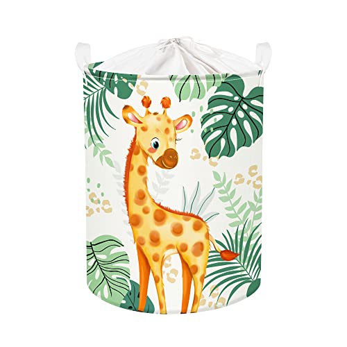 Clastyle 45L Niedlich Grün Wäschekorb Baby mit Giraffe, Vögel - Waldtiere Blätter Rund Wäschekorb Faltbar - Perfekt Aufbewahrungskorb Kinderzimmer zum Aufbewahren von Spielzeug, 36x45 cm von Clastyle