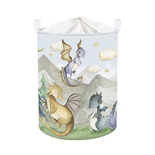 Clastyle 45L Niedlich Grau Dinosaurs Kinder Wäschekorb für Jungen Mädchen Berg Baum Wolken Rund Spielzeug Kleidung Aufbewahrungskorb für Kinderzimmer, 36x45 cm von Clastyle