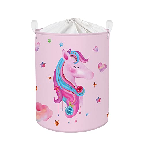 Clastyle 45L Rosa Wäschekorb Baby Mädchen mit Einhorn, Herz, Stern, Wolken - Wasserdicht Rund Wäschekorb Kinder für Babyzimmer - Faltbar Aufbewahrungskorb zum Aufbewahren von Spielzeug, 36x45 cm von Clastyle