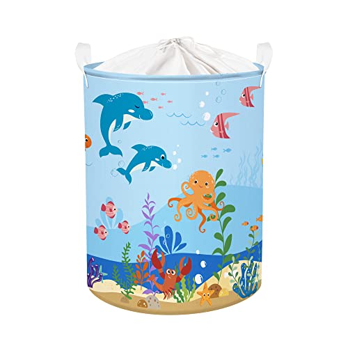 Clastyle 45L Ozean Tiere Delfine Meeresschildkröte Krake Wäschekorb Qualle Fisch Blau Rund Spielzeug Kleidung Aufbewahrungskorb für Kinderzimmer, 36x45 cm von Clastyle