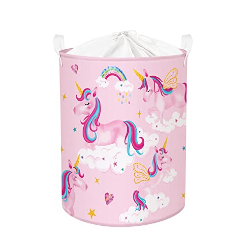 Clastyle 45L Rosa Wäschekorb Baby Mädchen mit Einhorn, Stern, Wolken, Regenbogen - Wasserdicht Rund Wäschekorb Kinder für Babyzimmer - Faltbar Aufbewahrungskorb zum Aufbewahren von Spielzeug, 36x45 cm von Clastyle