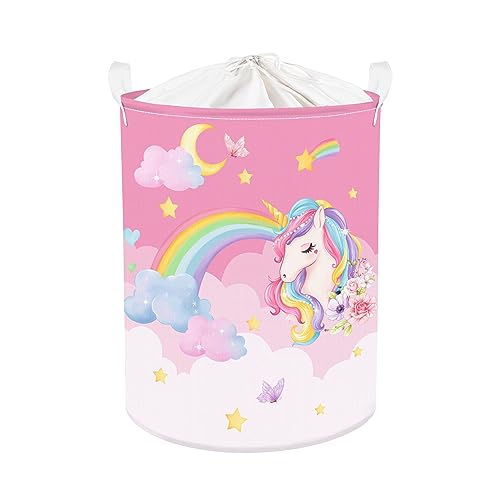 Clastyle 45L Rosa Einhorn Regenbogen Blumen Mädchen Wäschekorb Rund Mond Sternen Flowers Spielzeug Kleidung Aufbewahrungskorb für Kinderzimmer, 36x45 cm von Clastyle