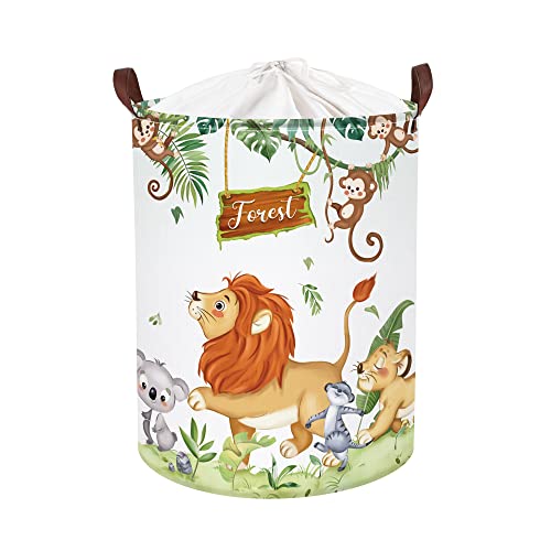 Clastyle 45L Safari Tiere Löwe Affe Koala Tropische Palmen Blätter Baby Wäschekorb Rund Spielzeug Kleidung Grün Aufbewahrungskorb für Kinderzimmer, 36x45 cm von Clastyle