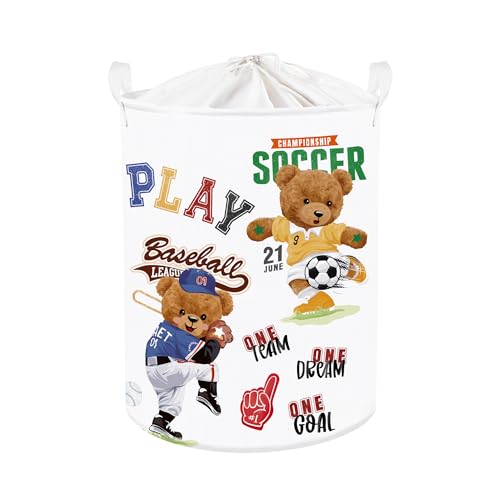 Clastyle 45L Sport Teddybär Basketball Rennwagen Weiß Kinder Wäschekorb mit Deckel Fußball Baseball Kleidung Spielzeug Aufbewahrungskorb für Babyzimmer, 36x45 cm von Clastyle