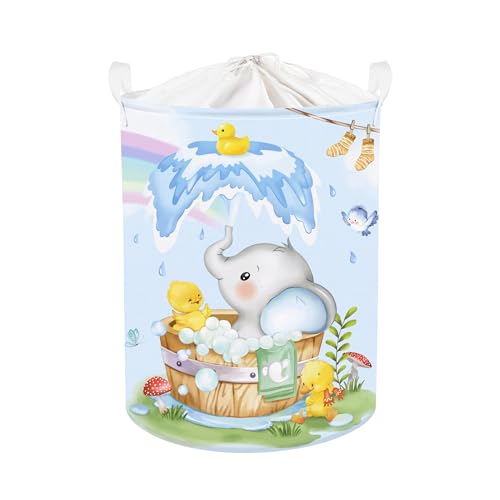 Clastyle 45L Tier Baden Elefant Giraffe Beim Blau Kinder Wäschekorb Löwe Ente Rund Kleidung Spielzeug Aufbewahrungskorb für Babyzimmer, 36x45 cm von Clastyle