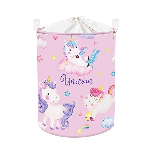 Clastyle 45L Verträumt Einhorn Regenbogen Sterne Wäschekorb Rosa Rund Spielzeug Kleidung Aufbewahrungskorb für Kinderzimmer, 36x45 cm von Clastyle