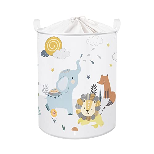 Clastyle 45L Waldtier Elefant Fuchs Löwe Wolken Baby Wäschekorb Giraffe Affe Spielzeug Kleidung Weiß Aufbewahrungskorb für Kinderzimmer, 36x45 cm von Clastyle